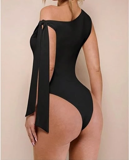 Women's Tie Knot Bodysuit One Shoulder Asymmetrical Neck Leotards Jumpsuit